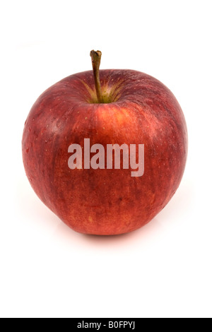 Einzelne rote Apfel, glitzernde mit Feuchtigkeit auf einen sauberen, weißen Hintergrund. Stockfoto