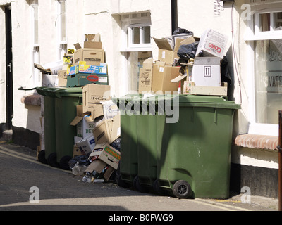 Grüne Wheelie, aufgetürmt Mülltonnen mit Feldern außerhalb einer Gastwirtschaft Stockfoto