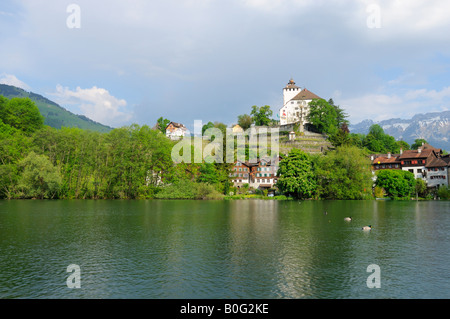 Schöner See und Schloss Werdenberg im Frühling, Rheintal CH Stockfoto