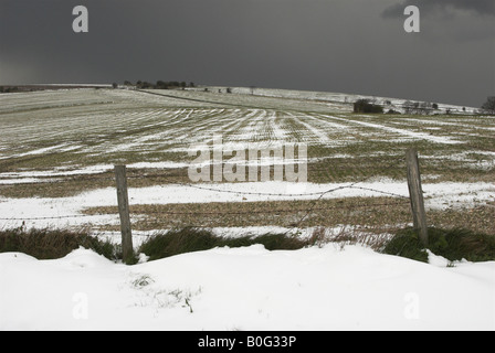 Schnee liegt auf den South Downs in West Sussex in Reihen. Stockfoto