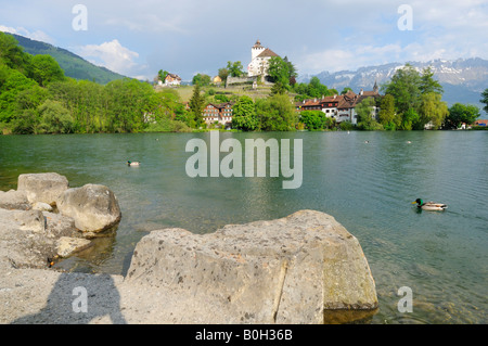 Schöner See und Schloss Werdenberg im Frühling, Rheintal CH Stockfoto