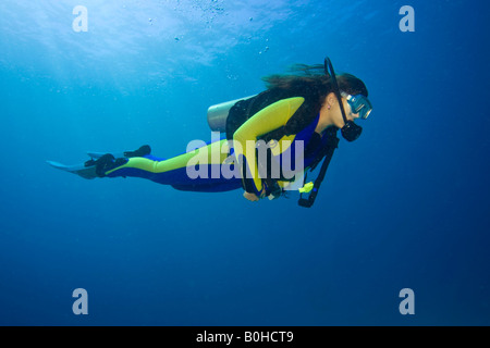 Weibliche Taucher Tauchen in den Ozean, Indonesien Stockfoto