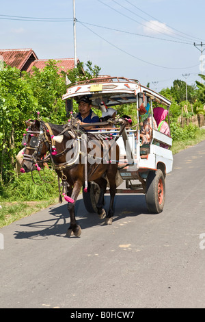 Menschen reisen mit Pferdekutsche, kleinen Sunda-Inseln, der Insel Lombok, Indonesien Stockfoto