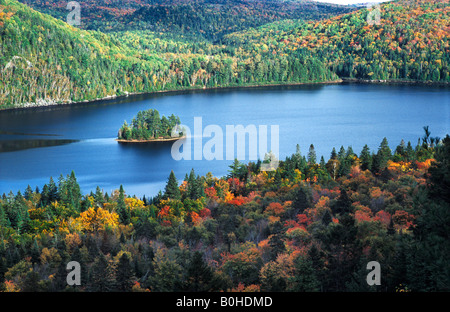 Kleine bewaldete Insel im See Wapizagonke umgeben von Bäumen, die nur die Änderung in ihrer Herbstfärbung, Indian Summer, Parc Stockfoto