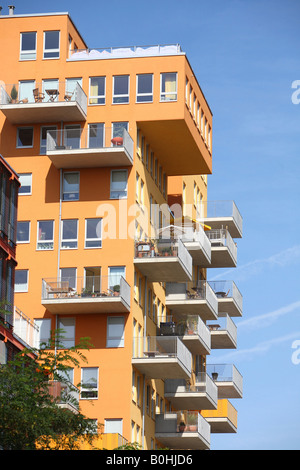 Modernes Mehrfamilienhaus mit Balkonen, Alte Messe Muenchen, alten Messegelände München, München, Bayern, Deutschland Stockfoto