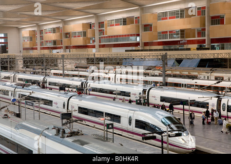High-Speed-Hochgeschwindigkeitszüge AVE, warten auf den Plattformen der Estacion de Delicias Bahnhof in Saragossa oder Zaragoza, Casti Stockfoto