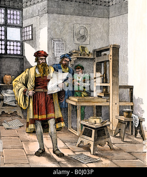 Gutenberg und Fust mit die erste Druckmaschine Deutschland 1450 s. Hand - farbige Holzschnitt Stockfoto