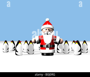 Santa stehend am Nordpol, umgeben von einer großen Gruppe von niedlichen Pinguine. Stockfoto