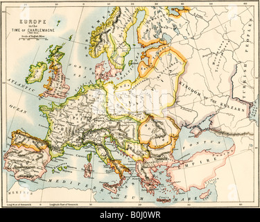 Karte von Europa in der Zeit Karls des Großen 768-814 AD. Farblithographie Stockfoto