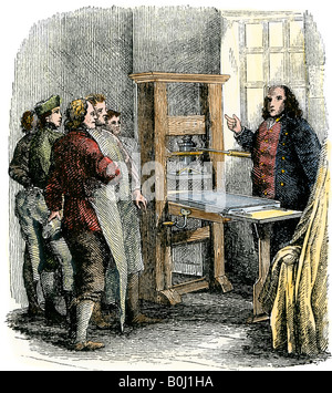 Benjamin Franklin in seiner Druckerei Philadelphia. Hand - farbige Holzschnitt Stockfoto