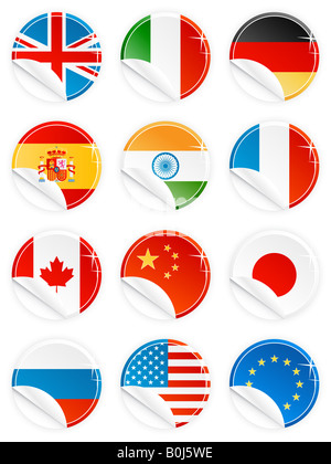 Vektor-Illustrationen von 12 Nationalflagge Emblem Tasten Stichwörter Symbole in glänzenden modernen Stil mit Peeling-Effekt Stockfoto