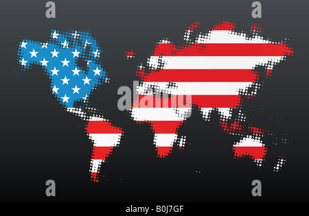 Vektor-Illustration eines modernen populären Halbton-Design gemacht von der Landkarte der Welt-amerikanische Flagge-Konzept Stockfoto