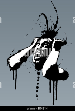Detaillierte Vektor-Illustration eines schreienden Mannes sein Haar herausziehen aus Wahnsinn Grunge-Stil mit Tinte spritzt Stockfoto