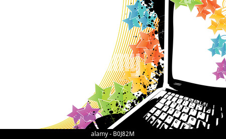 Vektor-Illustration eines stilvollen Technologie Feier Hintergrund mit Rainbow Stars und Notebook laptop Stockfoto