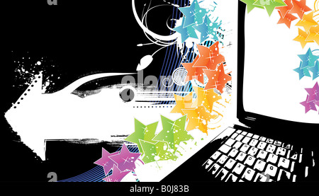 Vektor-Illustration eines stilvollen Technologie Feier Hintergrund mit Rainbow Stars und Notebook laptop Stockfoto