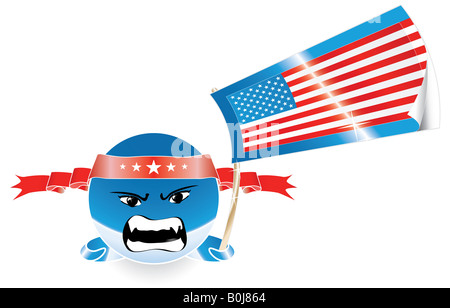 Vektor-Illustration von Emoticon Anime Stil winken eine US-Flagge mit einem bösen oder wütend Ausdruck anpassbar Stockfoto