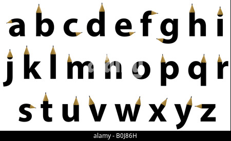 Vektor-Illustrationen der englischen Alphabet Buchstaben in Form eines kalligrafischen Bleistifts mit Farbverlauf Holz geformt Stockfoto