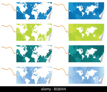 Vektor-Illustration von zwei verschiedenen Welt Karte glatt Tags mit Leine in vier Variationen Peel Farbeffekt Stockfoto