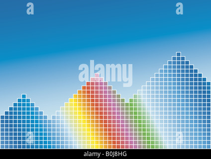 Vektor-Illustration von einem bunten Regenbogen mit quadratischen Mustern und Pyramiden Blue Gradienten Hintergrund Stockfoto