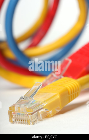 Kategorie 5 Netzwerkkabel isoliert auf weiss drei verschiedene Farben rot blau und gelb flachen Fokus Stockfoto