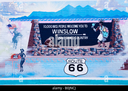 Willkommensschild Wandgemälde Winslow historische Route 66 Arizona USA von Dixon Stockfoto