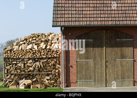 Brennholz für den Winter, die Heizung in einem Haus in Strohen, Niedersachsen, Deutschland protokolliert. Stockfoto