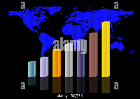 Konzeptionelle Geschäft Abbildung mit Farbe Diagramm Säulen und Weltkarte in einen Hintergrund Stockfoto