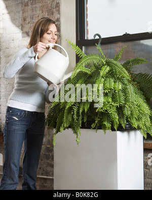 Mid-Adult Frau Bewässerung Zimmerpflanze Stockfoto