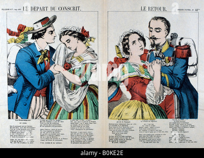 "Die Abfahrt und Rückkehr der Wehrpflichtigen", 19. Artist: Unbekannt Stockfoto
