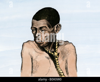 Afrikanische Eingeborene in den Sklavenmarkt Kongobecken angeboten. Hand - farbige Holzschnitt Stockfoto