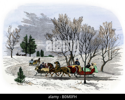 Schlitten fahren auf der Straße im Winter 1800. Hand - farbige Holzschnitt Stockfoto