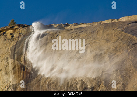 Wind geblasen Schachtelhalm fällt Wasser streaming aus El Capitan über Yosemite Valley Yosemite Nationalpark, Kalifornien Stockfoto