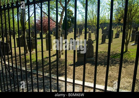 Gräber in Aussicht Friedhof, Glasnevin, Dublin angesehen durch Geländer Stockfoto