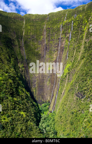 Weitwinkel Foto aus dem Helikopter von tropischen Berg reiß Voller hohe Wasserfälle auf der grossen Insel von Hawaii Stockfoto