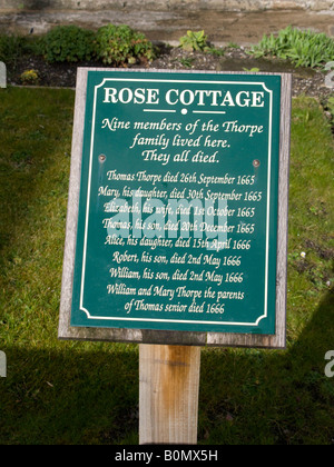 Melden Sie sich außerhalb einer Pest-Hütte am Eyam, Derbyshire. England. UK Stockfoto