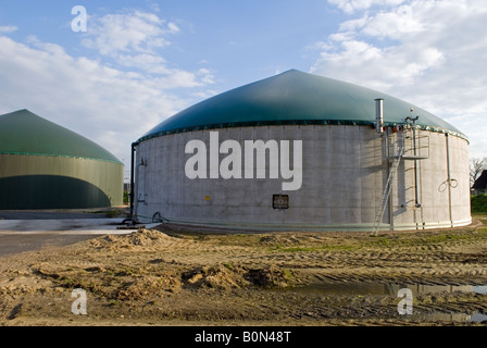 Biogas-Panzer auf einem Bauernhof, die Erzeugung von Strom in das Dorf Strohen, Niedersachsen, Deutschland. Stockfoto