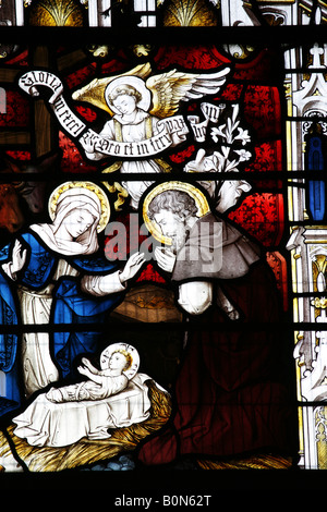 Glasmalerei-Fenster Darstellung der Geburt von Jesus St Fabian St. Sebastian Kirche Woodbastwick Norfolk Stockfoto