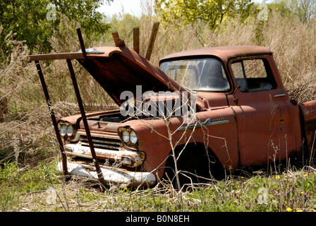 1958 Chevrolet Apache 31 klassische Pickup-Truck Rost entfernt in einem Feld. Stockfoto