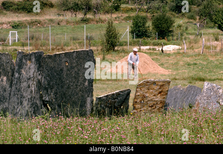 Eine traditionelle alte Wand aus Steinplatten in San Pedro de Olleros in der Nähe von Villafranca de Bierzo in der Sierra de Ancares Stockfoto