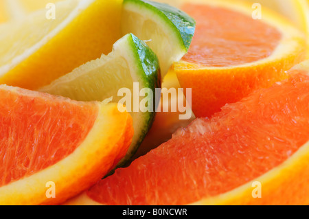 Keile verschiedene Zitrusfrüchte Zitrone orange und Limette Stockfoto