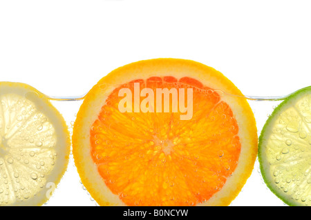 Zitrone und Limone Orangenscheiben in Wasser mit Luftblasen auf weißem Hintergrund Stockfoto