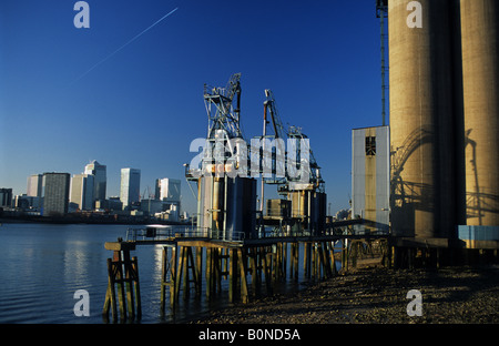 Ansicht von Canary Wharf aus dem südlichen Ufer der Themse in der Nähe von Greenwich, London, England Stockfoto