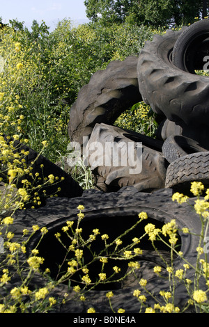 alten Traktorreifen links im Feld in Landschaft Stockfoto