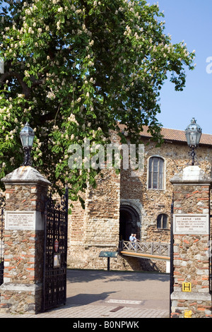 Die Vorderseite des Colchester Castle mit dem Steg gesehen aber die Eingangstore. Stockfoto