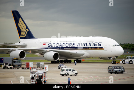 Erster Besuch des neuen Airbus A380 Verkehrsflugzeug betrieben von Singapore Airlines zum Flughafen Narita in Tokio 20.05.2008 Stockfoto