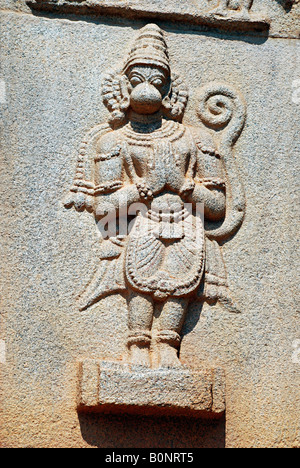 Lord Hanuman, Stein schnitzen, Hampi, Karnataka, Indien Stockfoto