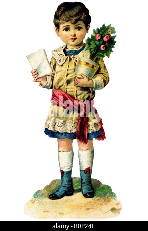 Junge in kurzen Kleid mit Schärpe Rosen und Brief Geschenk 19. Jahrhundert in Deutschland Stockfoto