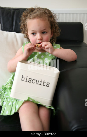 Ein 3-jähriges Mädchen sitzt auf dem Sofa zu Hause essen Cookies von einer Keksdose und overindulging Stockfoto