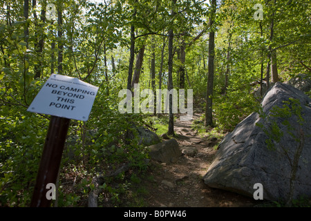 Ein Zeichen bezeichnet, kein Campingplatz entlang Ridge Trail Camping über 2 800 Fuß Höhenunterschied wird durch die NPS auf alten Lappen Mt VA USA verboten Stockfoto