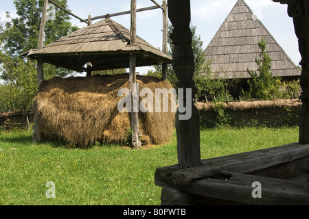 Artesischer Brunnen und Heuhaufen, Rumänien Stockfoto
